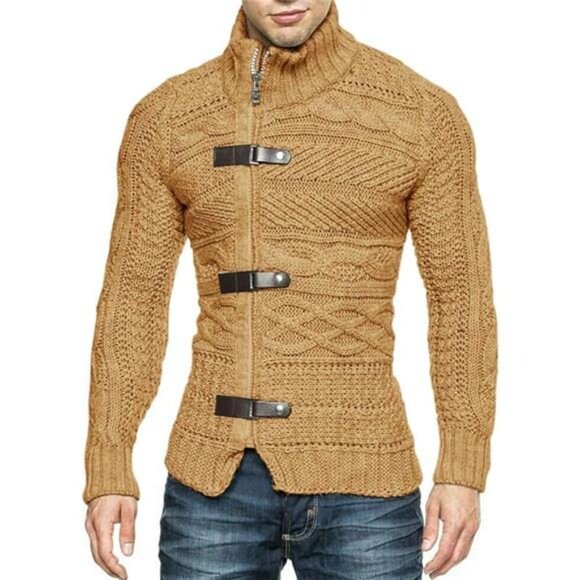 Men's Cable Knitted Oplique Zip Button Front Long Sleeve Cardigan Sweater - Picture 7 of 7